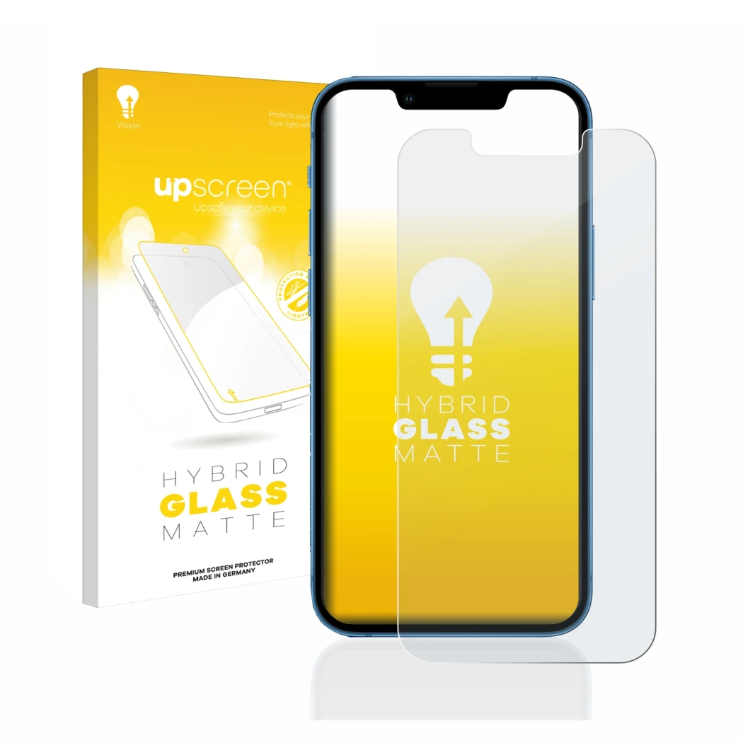 Vorderseite einer Produktverpackung mit dem Markenlogo upscreen. Daneben ist das Gerät Apple iPhone 13 mini mit dem zugehörige