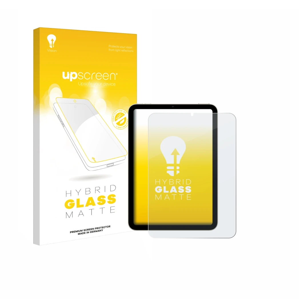 Vorderseite einer Produktverpackung mit dem Markenlogo upscreen. Daneben ist das Gerät Apple iPad Mini 6 WiFi 2021 mit dem zug