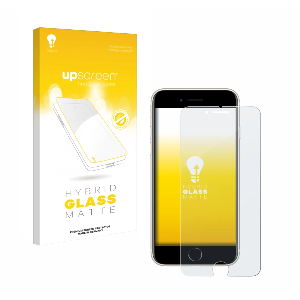 Vorderseite einer Produktverpackung mit dem Markenlogo upscreen. Daneben ist das Gerät Apple iPhone SE 3 2022 mit dem zugehöri