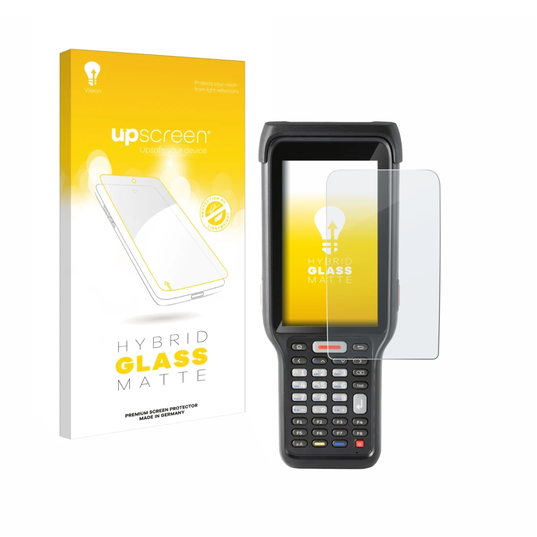 Vorderseite einer Produktverpackung mit dem Markenlogo upscreen. Daneben ist das Gerät Honeywell ScanPal EDA61K mit dem zugehö