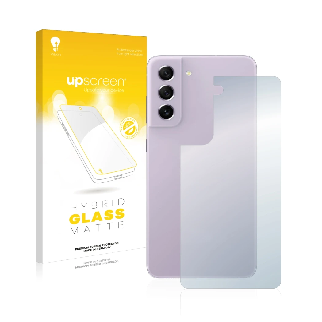 Vorderseite einer Produktverpackung mit dem Markenlogo upscreen. Daneben ist das Gerät Samsung Galaxy S21 FE 5G (Rückseite) mi