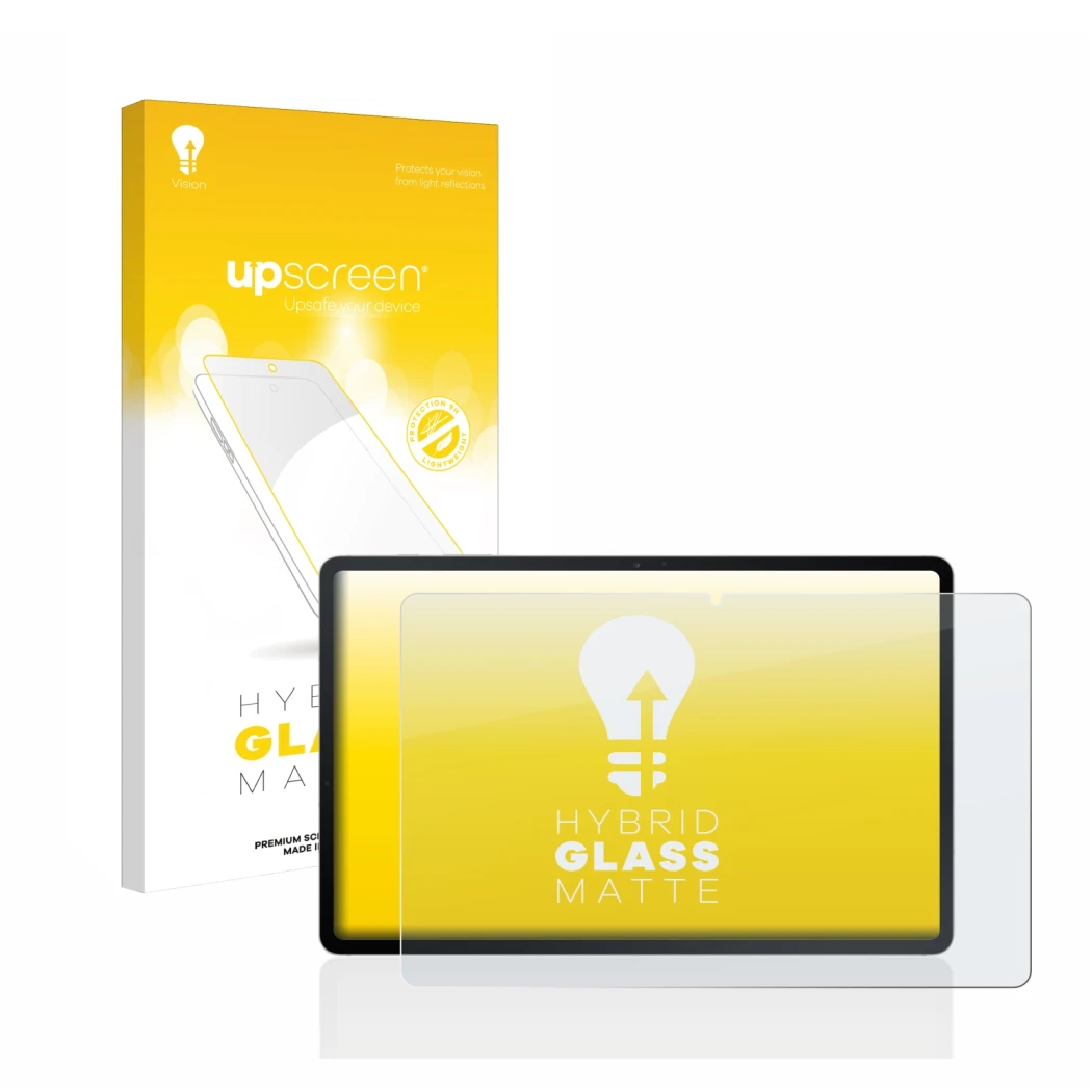 Vorderseite einer Produktverpackung mit dem Markenlogo upscreen. Daneben ist das Gerät Samsung Galaxy Tab S7 FE (im Querformat