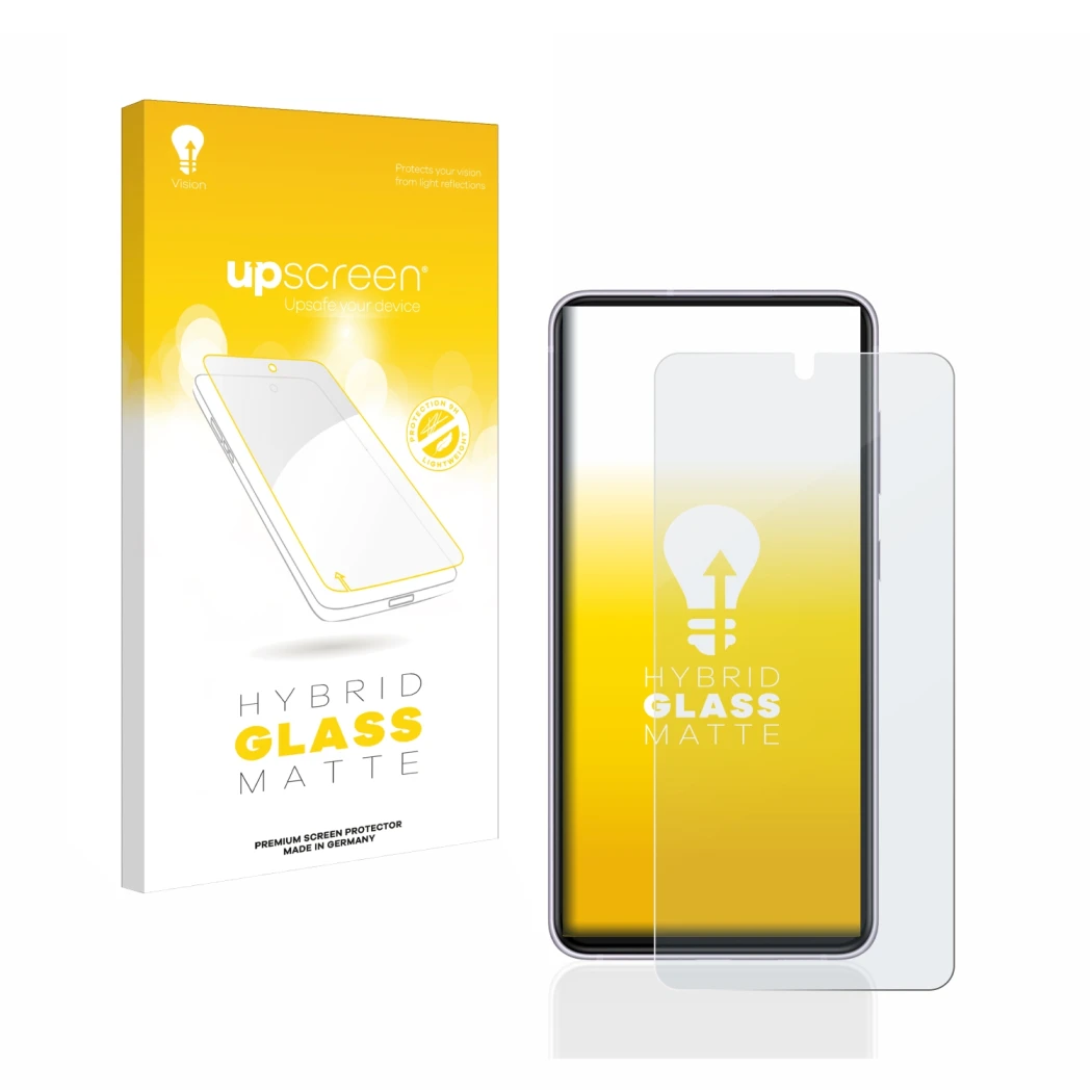 Vorderseite einer Produktverpackung mit dem Markenlogo upscreen. Daneben ist das Gerät Samsung Galaxy S21 FE 5G mit dem zugehö