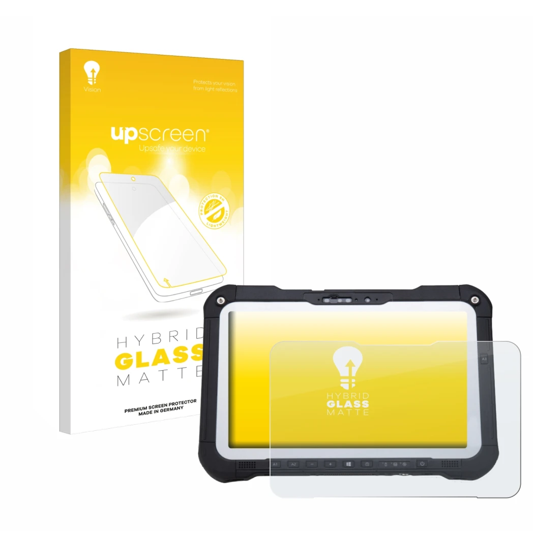 Vorderseite einer Produktverpackung mit dem Markenlogo upscreen. Daneben ist das Gerät Panasonic Toughbook FZ-G2 mit dem zugeh