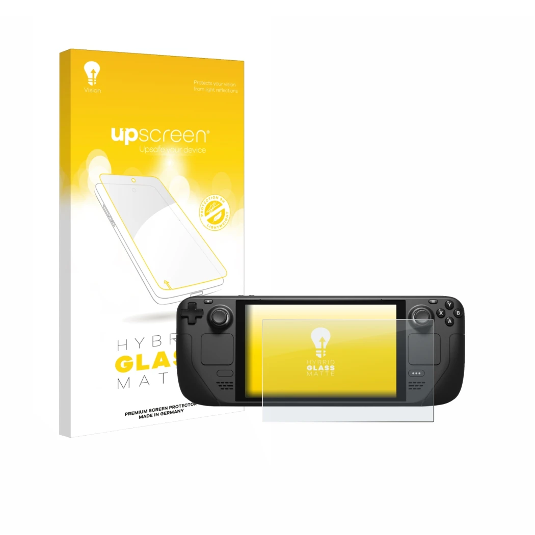 Vorderseite einer Produktverpackung mit dem Markenlogo upscreen. Daneben ist das Gerät Valve Steam Deck mit dem zugehörigen Di