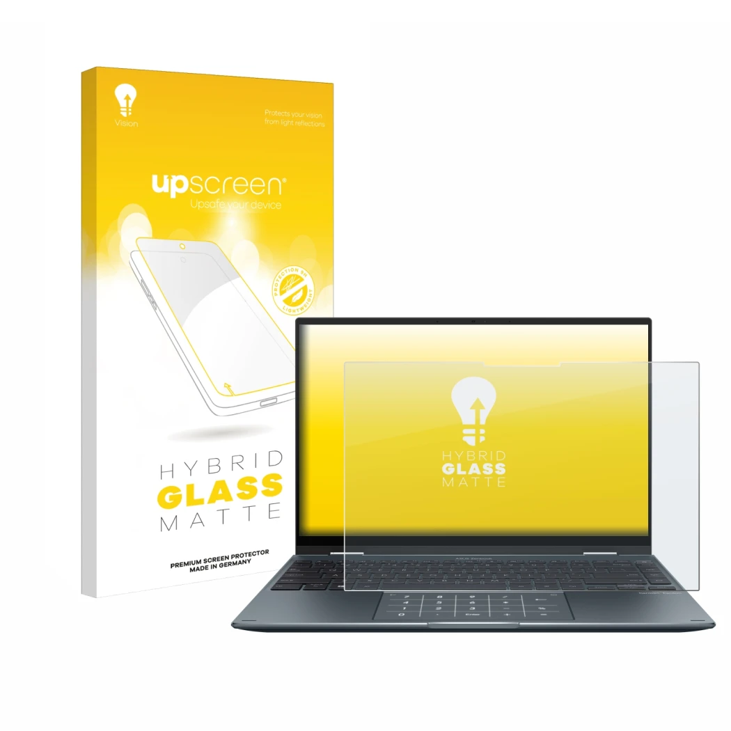 Vorderseite einer Produktverpackung mit dem Markenlogo upscreen. Daneben ist das Gerät ASUS ZenBook 14 Flip OLED mit dem zugeh