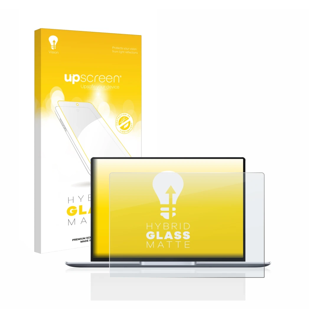 Vorderseite einer Produktverpackung mit dem Markenlogo upscreen. Daneben ist das Gerät Huawei MateBook 14 2021 mit dem zugehör