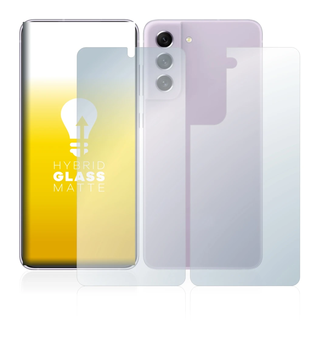 Abbildung des Geräts Samsung Galaxy S21 FE 5G (Display+Rückseite) mit einer Vielzahl des Displayschutzes.