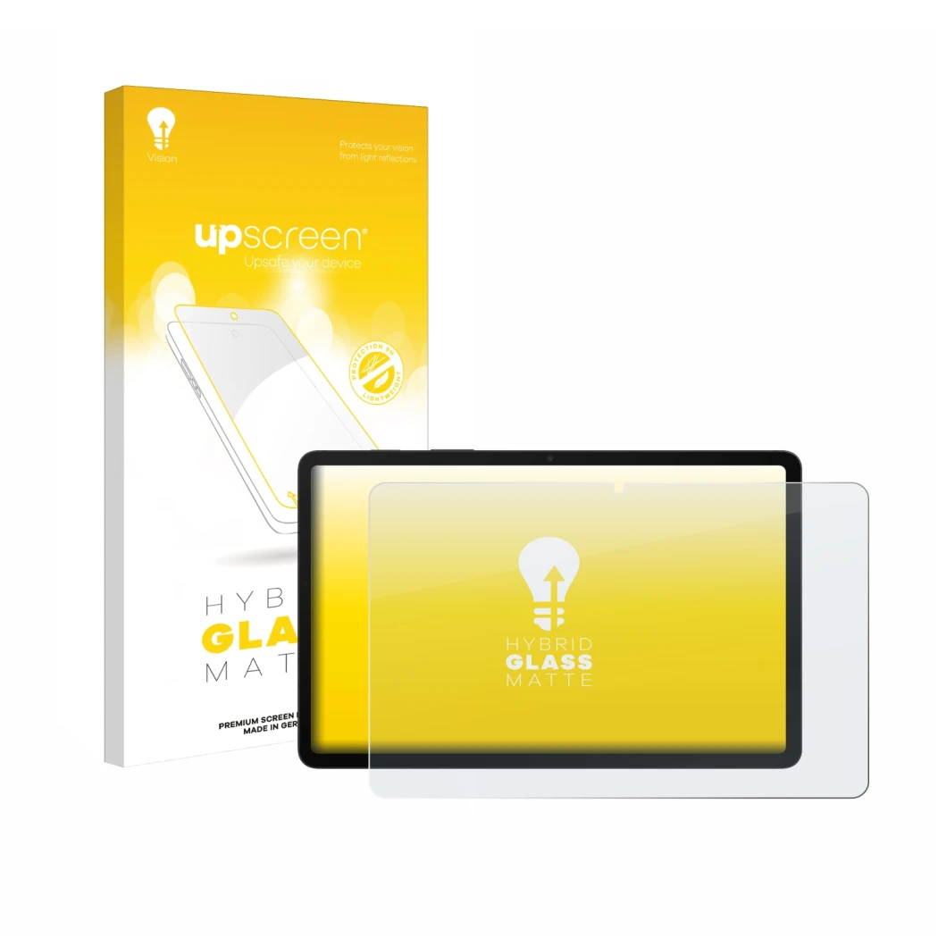 Vorderseite einer Produktverpackung mit dem Markenlogo upscreen. Daneben ist das Gerät Samsung Galaxy Tab S8 5G mit dem zugehö