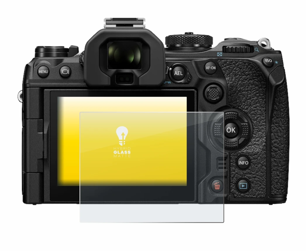 Abbildung des Geräts Olympus OM-1 2022 mit einer Vielzahl des Displayschutzes.
