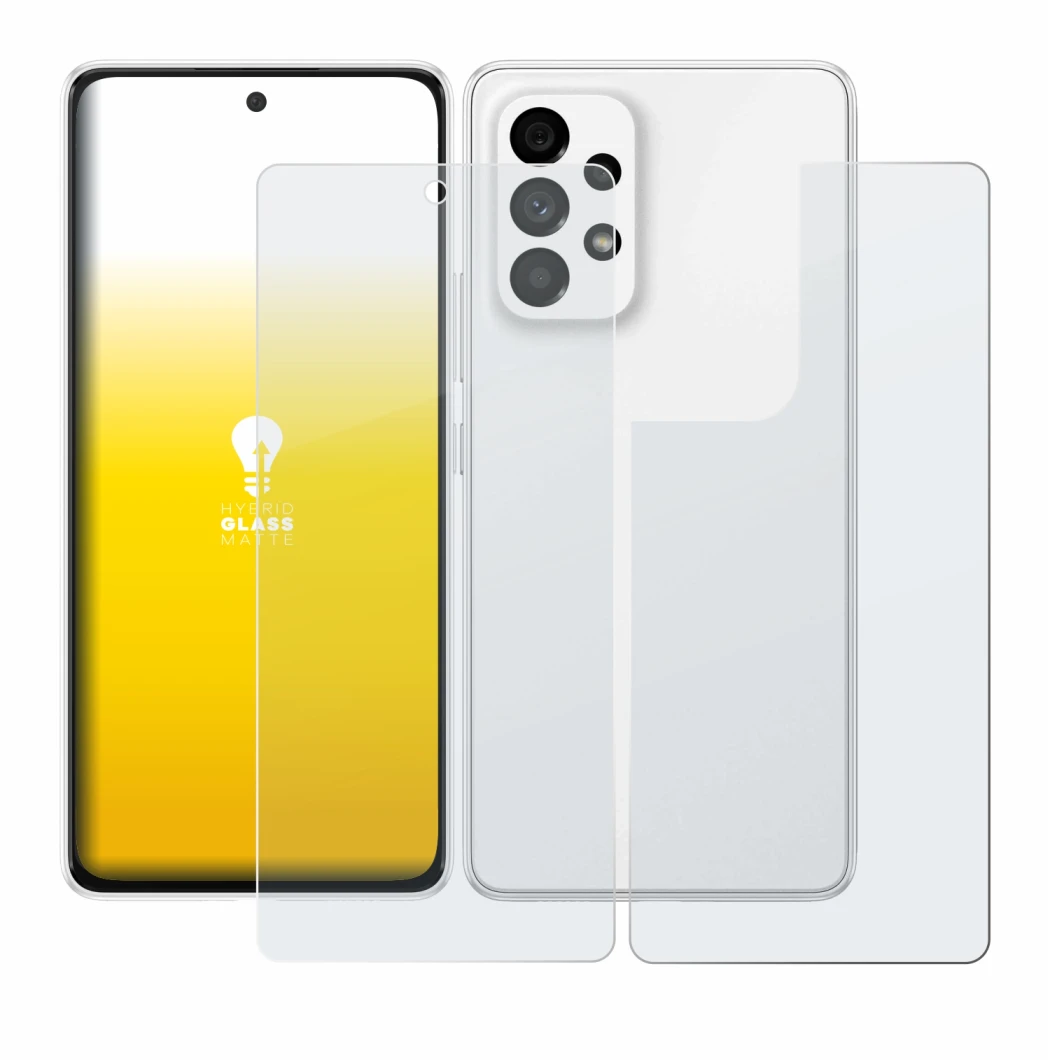 Abbildung des Geräts Samsung Galaxy A53 5G (Display+Rückseite) mit einer Vielzahl des Displayschutzes.