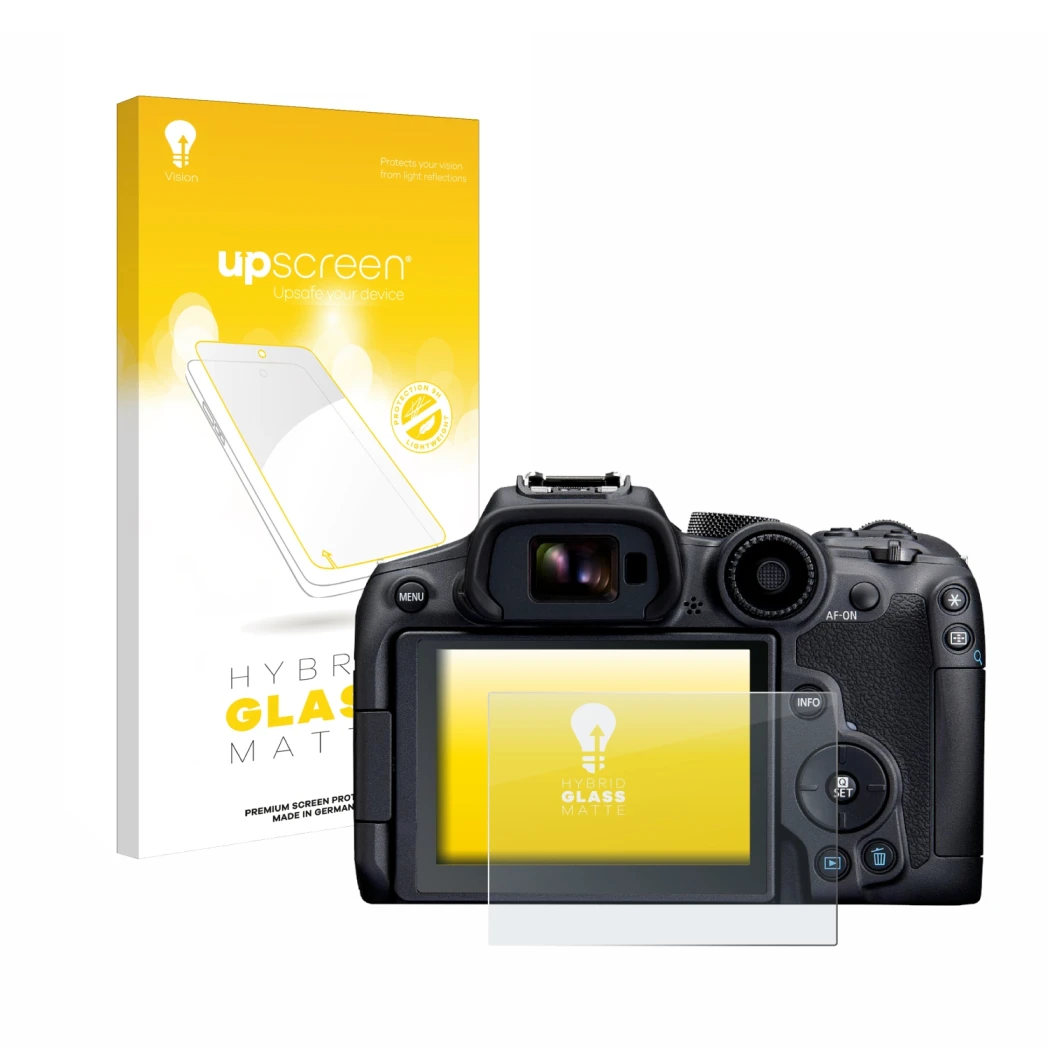 Vorderseite einer Produktverpackung mit dem Markenlogo upscreen. Daneben ist das Gerät Canon EOS R7 mit dem zugehörigen Displa