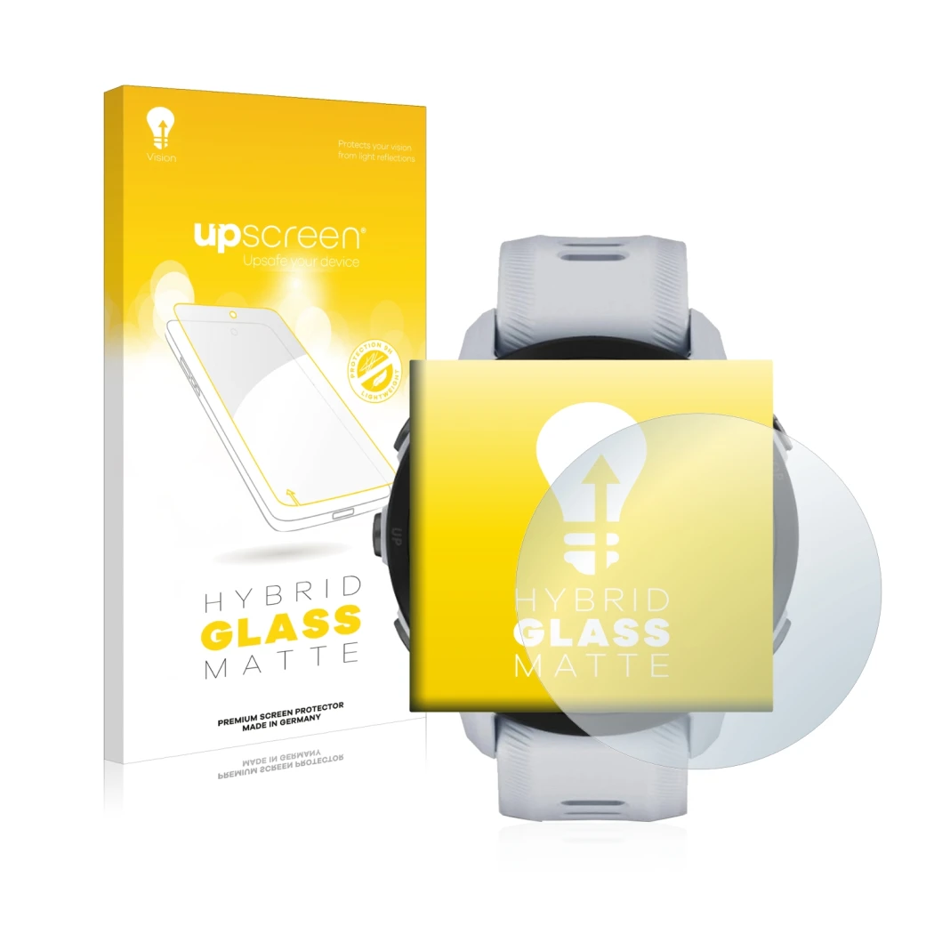 Vorderseite einer Produktverpackung mit dem Markenlogo upscreen. Daneben ist das Gerät Garmin Forerunner 955 mit dem zugehörig