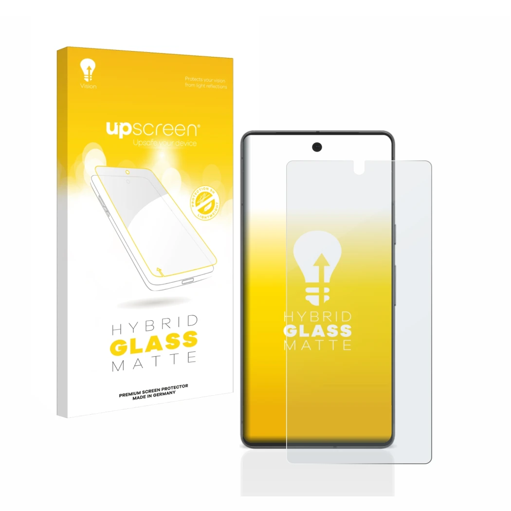 Vorderseite einer Produktverpackung mit dem Markenlogo upscreen. Daneben ist das Gerät Google Pixel 7 mit dem zugehörigen Disp