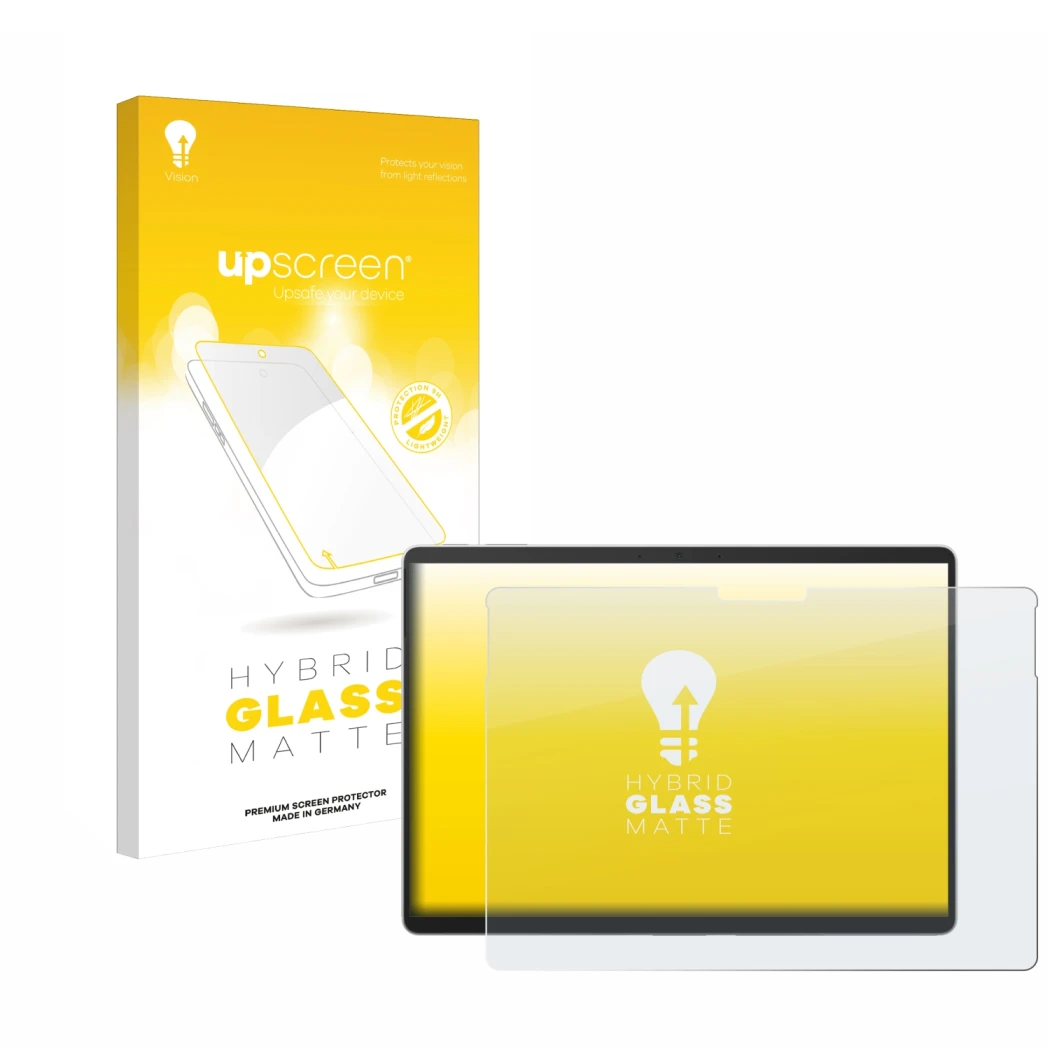 Vorderseite einer Produktverpackung mit dem Markenlogo upscreen. Daneben ist das Gerät Microsoft Surface Pro 9 mit dem zugehör