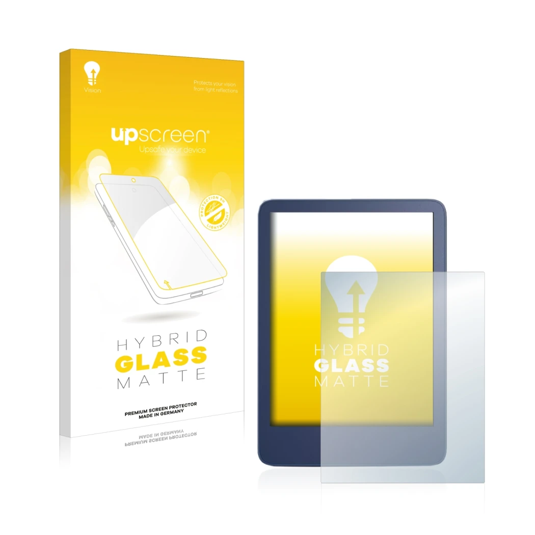 Vorderseite einer Produktverpackung mit dem Markenlogo upscreen. Daneben ist das Gerät Amazon Kindle Reader 2022 mit dem zugeh