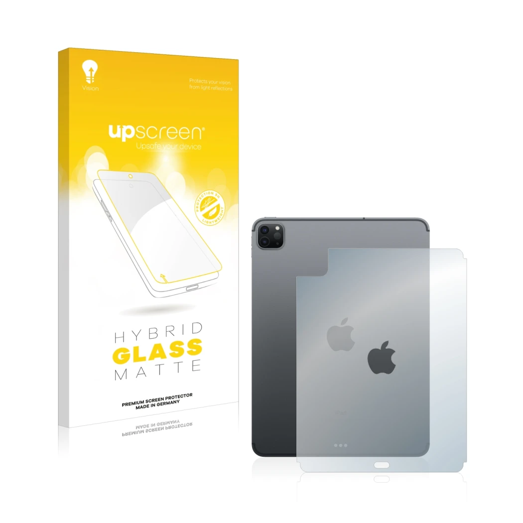 Vorderseite einer Produktverpackung mit dem Markenlogo upscreen. Daneben ist das Gerät Apple iPad Pro 11