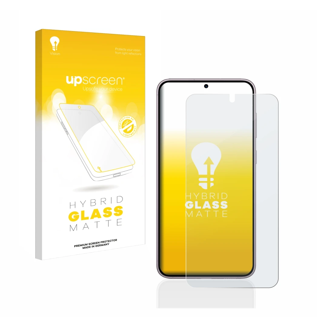 Vorderseite einer Produktverpackung mit dem Markenlogo upscreen. Daneben ist das Gerät Samsung Galaxy S23 mit dem zugehörigen 