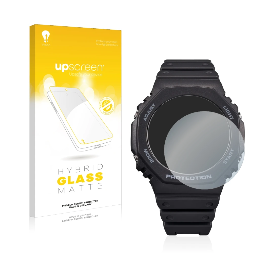 Vorderseite einer Produktverpackung mit dem Markenlogo upscreen. Daneben ist das Gerät Casio G-Shock GA-B2100 mit dem zugehöri