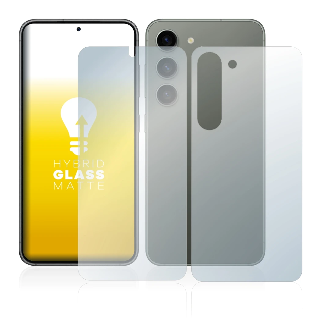 Abbildung des Geräts Samsung Galaxy S23 (Display+Rückseite) mit einer Vielzahl des Displayschutzes.