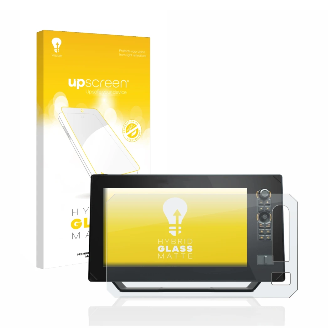 Vorderseite einer Produktverpackung mit dem Markenlogo upscreen. Daneben ist das Gerät Humminbird Apex 13 MEGA SI+ mit dem zug