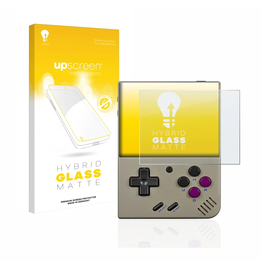 Vorderseite einer Produktverpackung mit dem Markenlogo upscreen. Daneben ist das Gerät Miyoo Mini Plus mit dem zugehörigen Dis