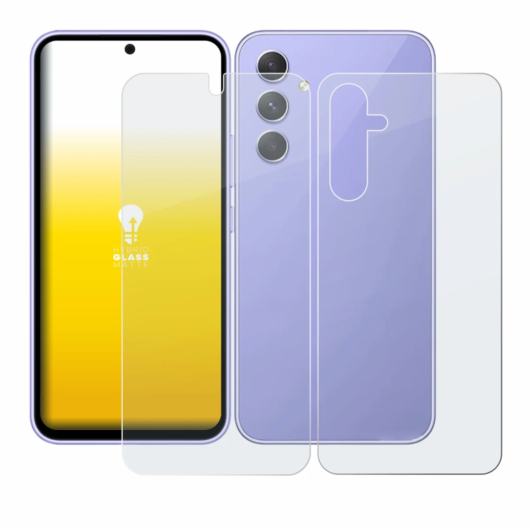 Abbildung des Geräts Samsung Galaxy A54 5G (Display+Rückseite) mit einer Vielzahl des Displayschutzes.