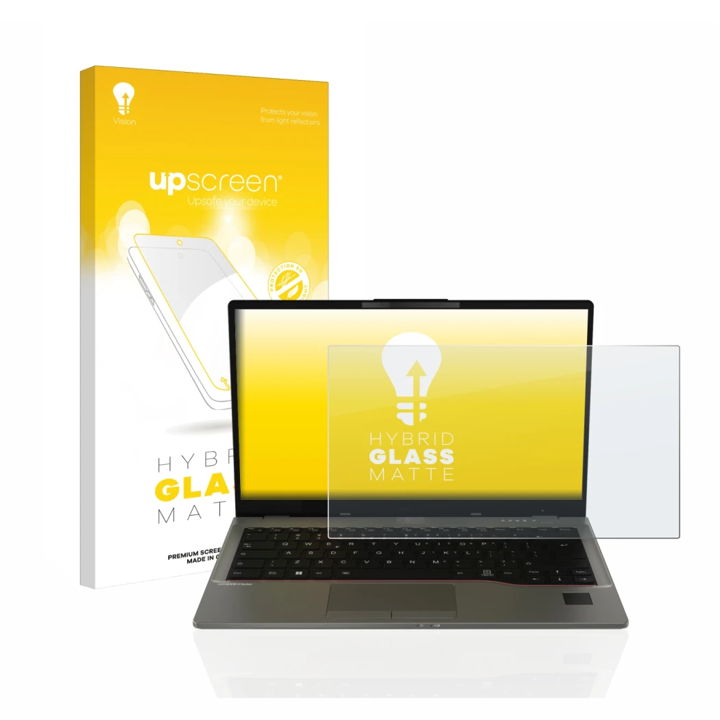 Vorderseite einer Produktverpackung mit dem Markenlogo upscreen. Daneben ist das Gerät Fujitsu Lifebook U7412 mit dem zugehöri