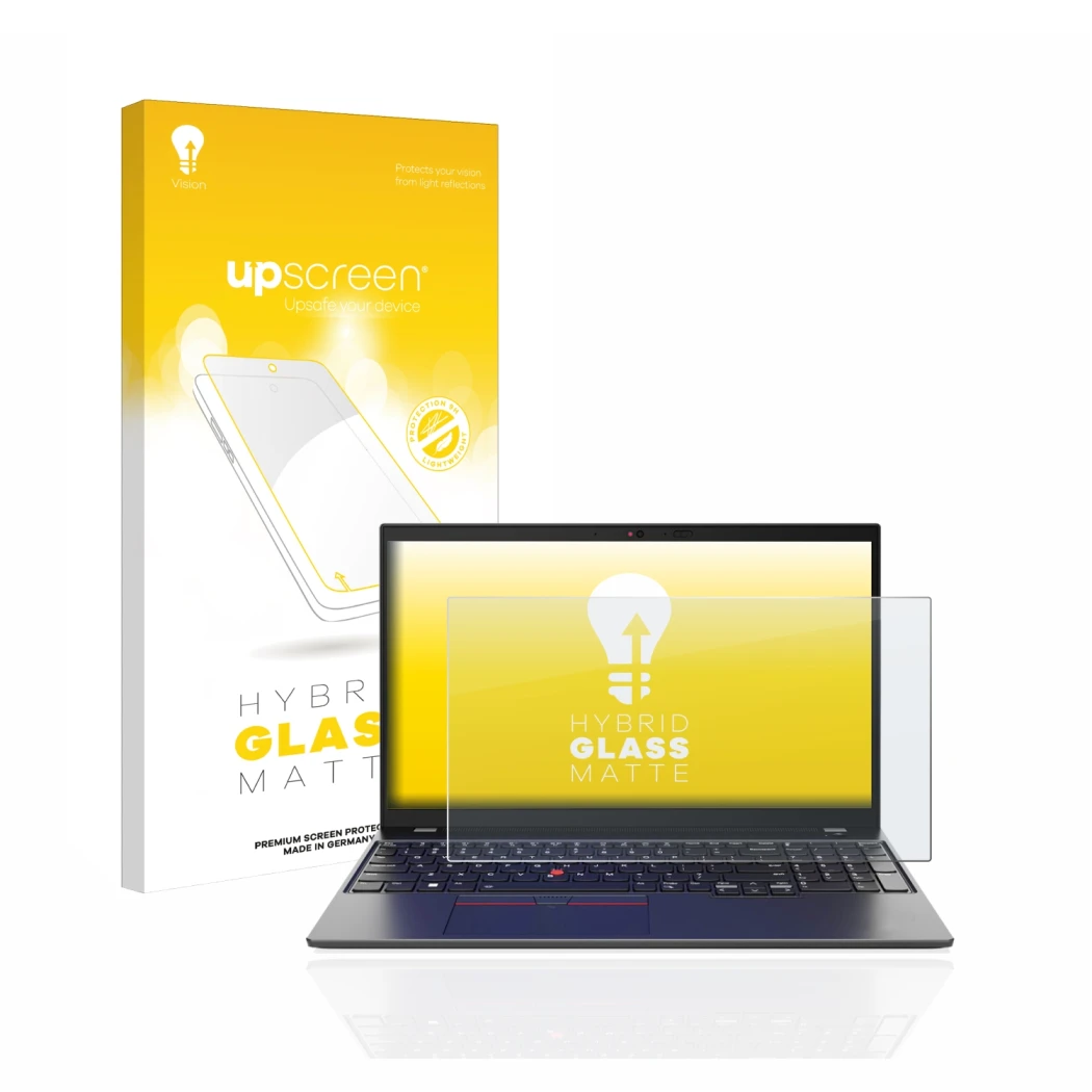 Vorderseite einer Produktverpackung mit dem Markenlogo upscreen. Daneben ist das Gerät Lenovo ThinkPad L15 Gen 4 mit dem zugeh