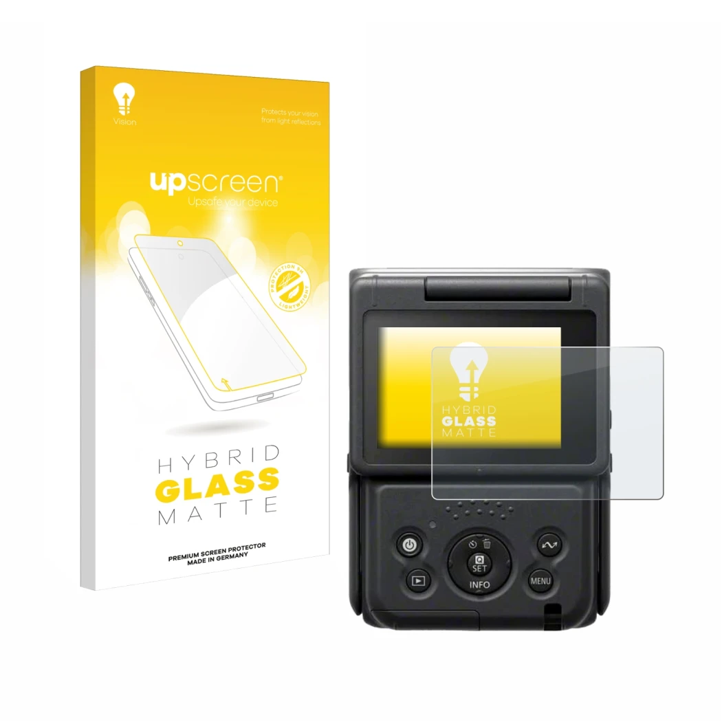 Vorderseite einer Produktverpackung mit dem Markenlogo upscreen. Daneben ist das Gerät Canon PowerShot V10 Vlog Camera mit dem