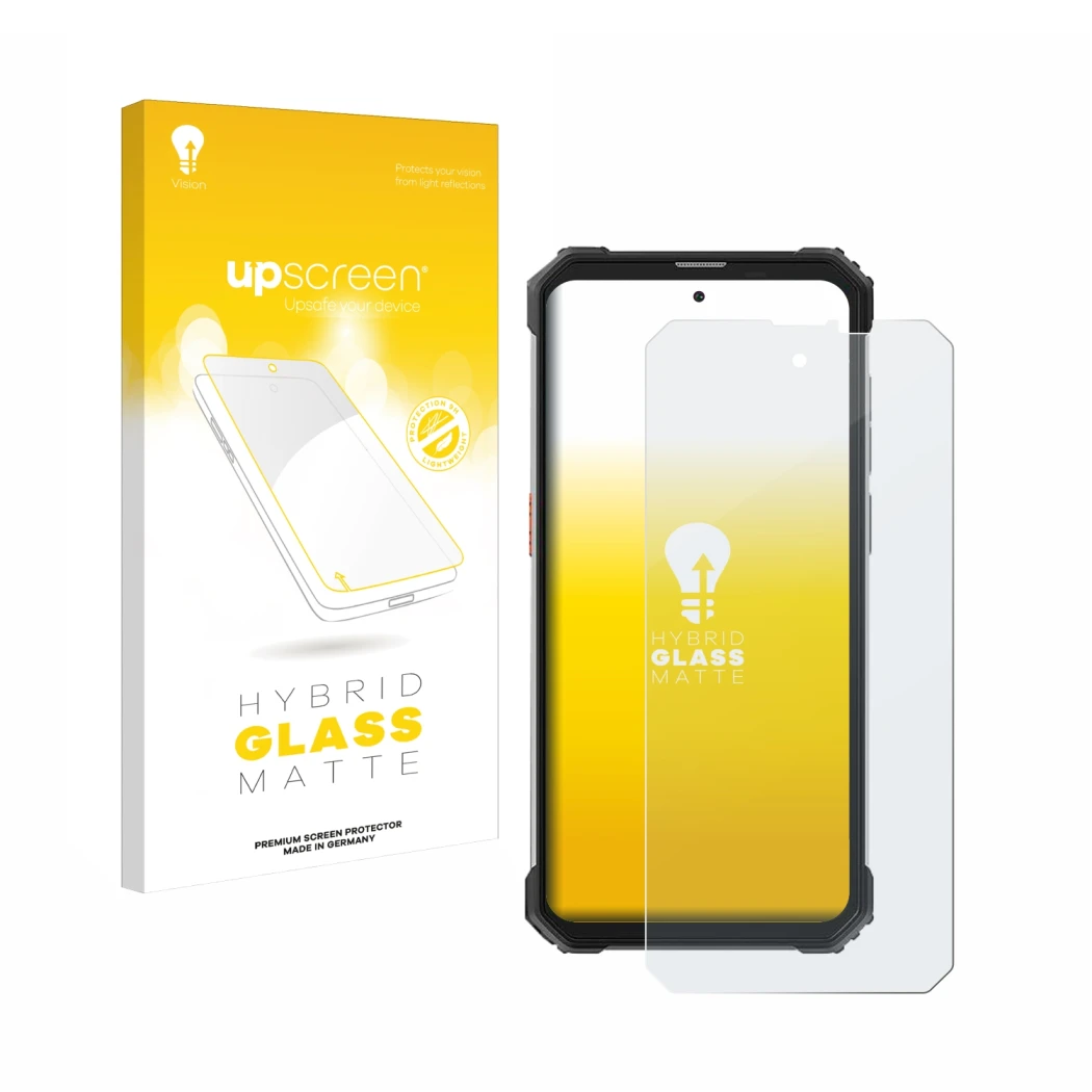 Vorderseite einer Produktverpackung mit dem Markenlogo upscreen. Daneben ist das Gerät Blackview BV8900 mit dem zugehörigen Di