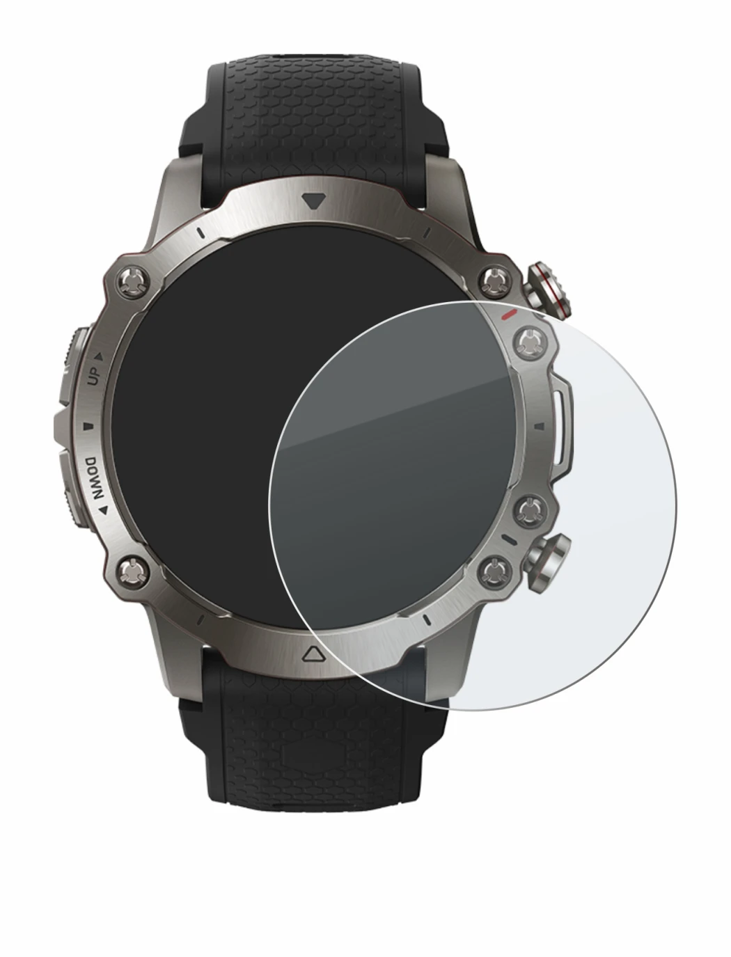 Abbildung des Geräts Huami Amazfit Falcon mit einer Vielzahl des Displayschutzes.