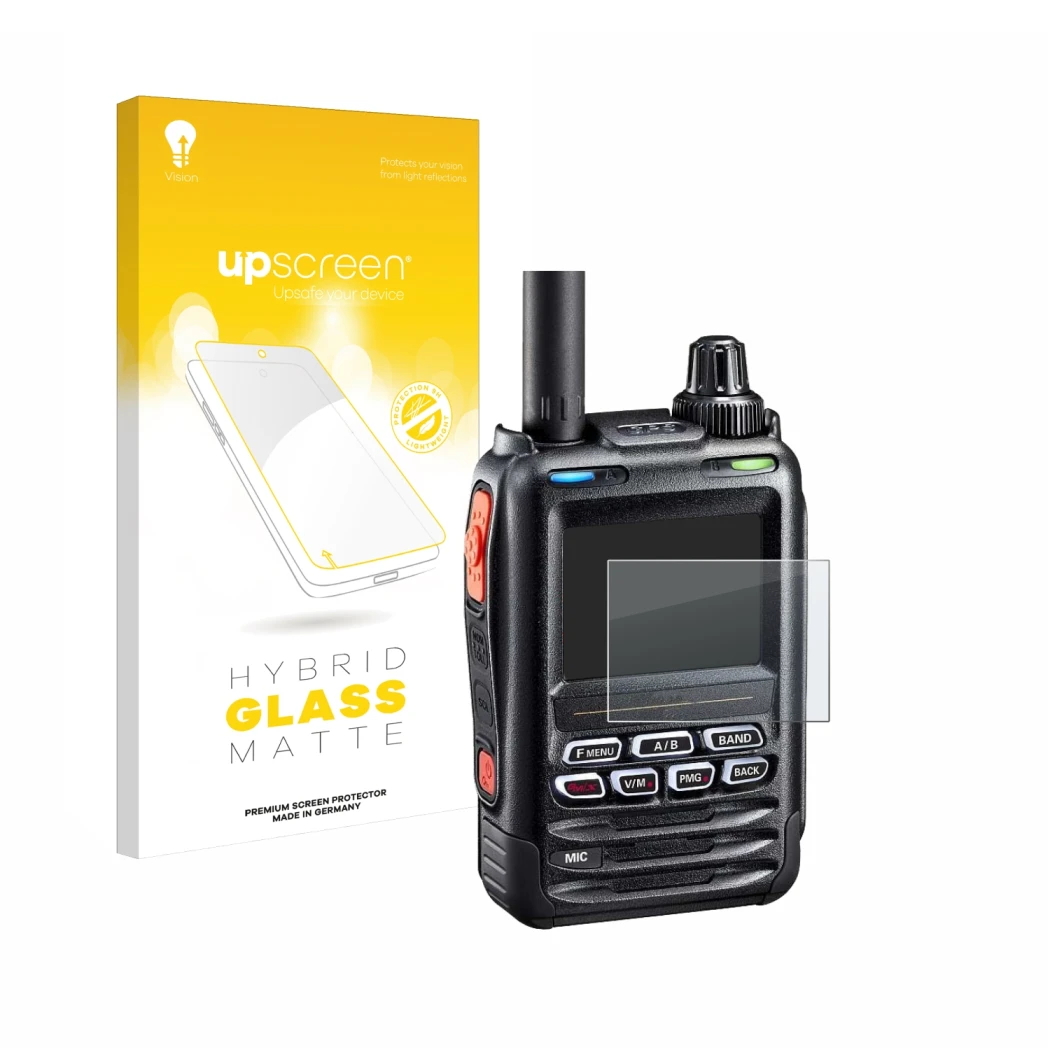 Vorderseite einer Produktverpackung mit dem Markenlogo upscreen. Daneben ist das Gerät Yaesu FT-5DE/DR mit dem zugehörigen Dis