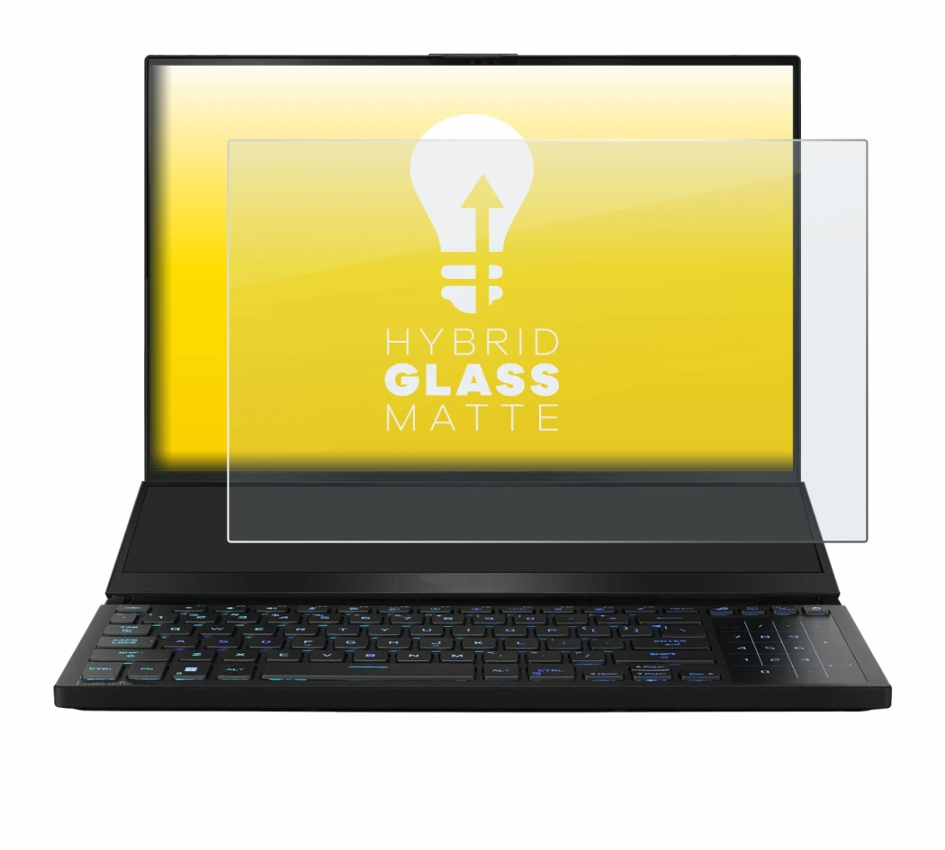 Abbildung des Geräts ASUS ROG Zephyrus Duo 16 2023 mit einer Vielzahl des Displayschutzes.