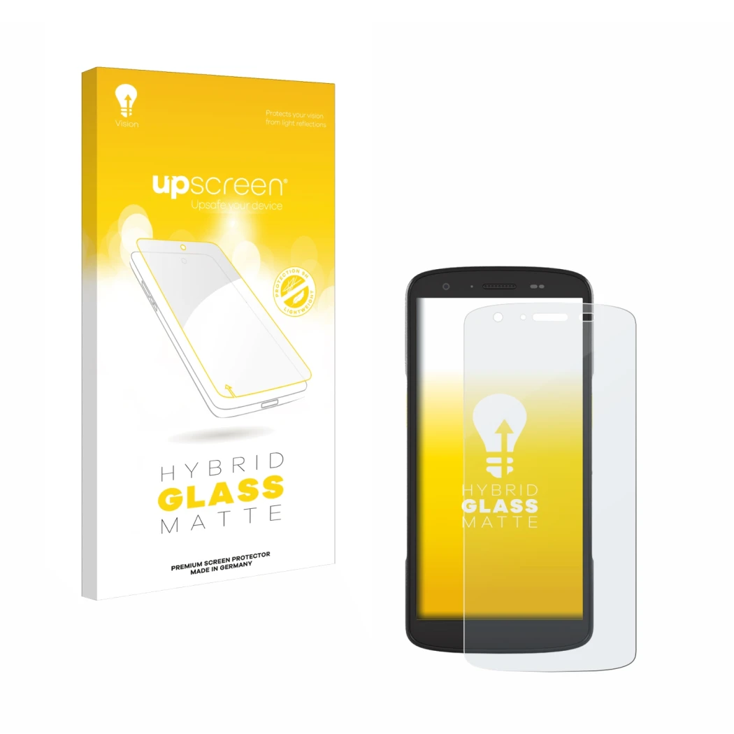 Vorderseite einer Produktverpackung mit dem Markenlogo upscreen. Daneben ist das Gerät Zebra TC22 mit dem zugehörigen Displays