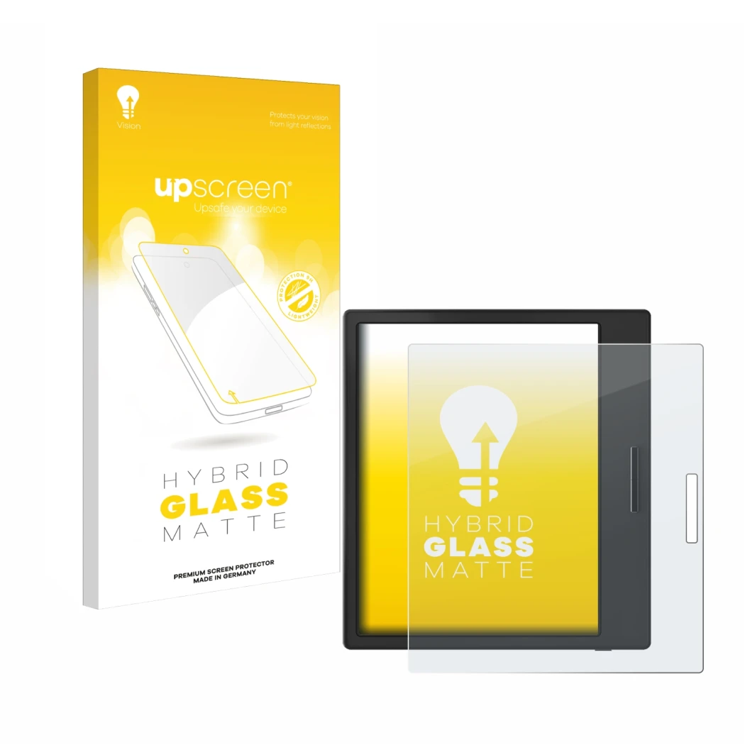 Vorderseite einer Produktverpackung mit dem Markenlogo upscreen. Daneben ist das Gerät Boox Page mit dem zugehörigen Displaysc