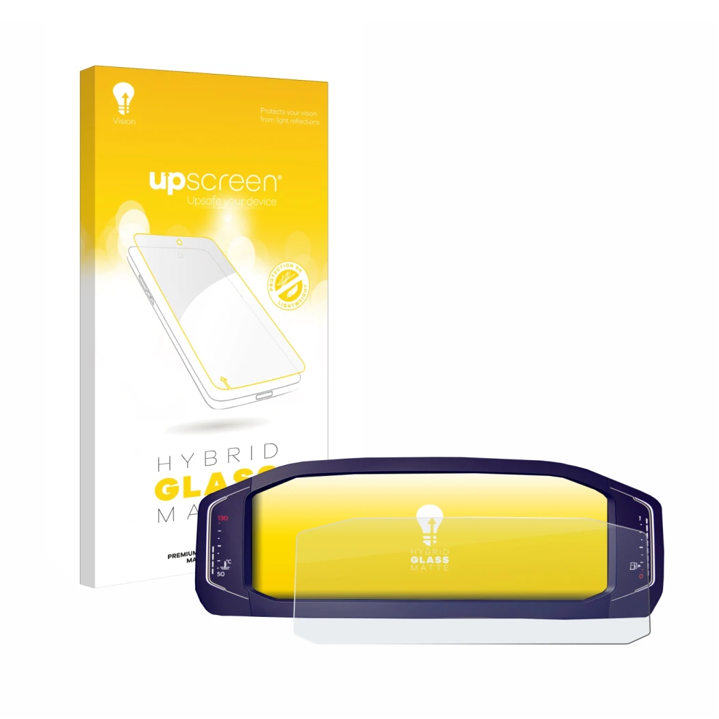 Vorderseite einer Produktverpackung mit dem Markenlogo upscreen. Daneben ist das Gerät Volkswagen Passat B8 Digital Cockpit 10