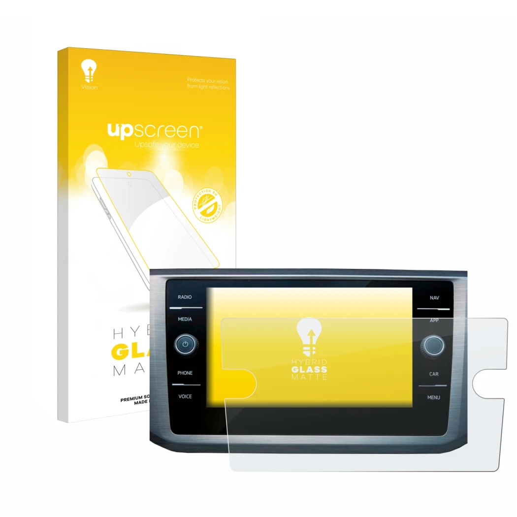 Vorderseite einer Produktverpackung mit dem Markenlogo upscreen. Daneben ist das Gerät Volkswagen Passat B8 Discover Media 8