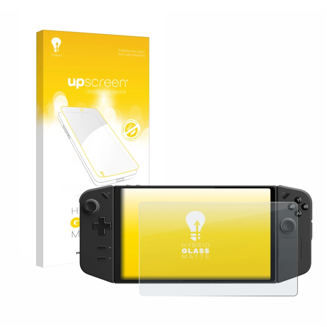 Vorderseite einer Produktverpackung mit dem Markenlogo upscreen. Daneben ist das Gerät Lenovo Legion Go mit dem zugehörigen Di