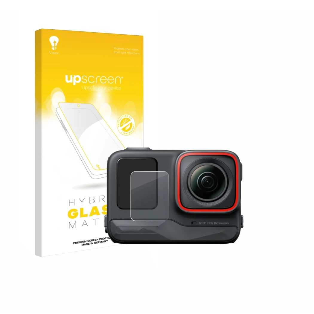 Vorderseite einer Produktverpackung mit dem Markenlogo upscreen. Daneben ist das Gerät Insta360 Ace Pro (Vorderes Display) mit