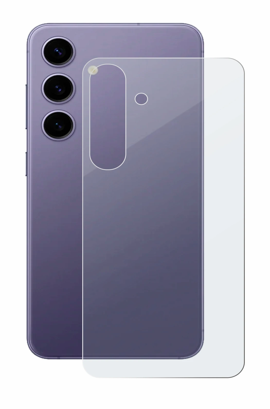 Abbildung des Geräts Samsung Galaxy S24 (Rückseite) mit einer Vielzahl des Displayschutzes.