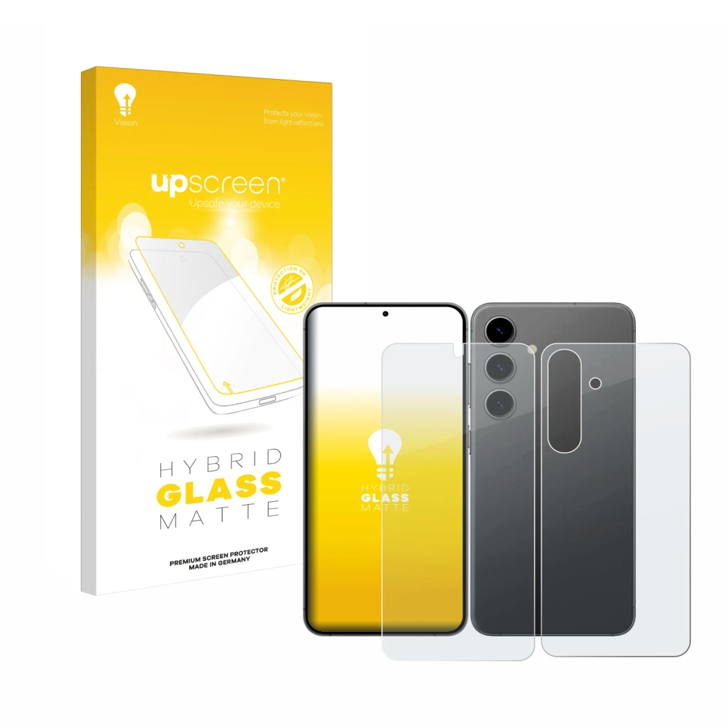 Vorderseite einer Produktverpackung mit dem Markenlogo upscreen. Daneben ist das Gerät Samsung Galaxy S24 (Display+Rückseite) 