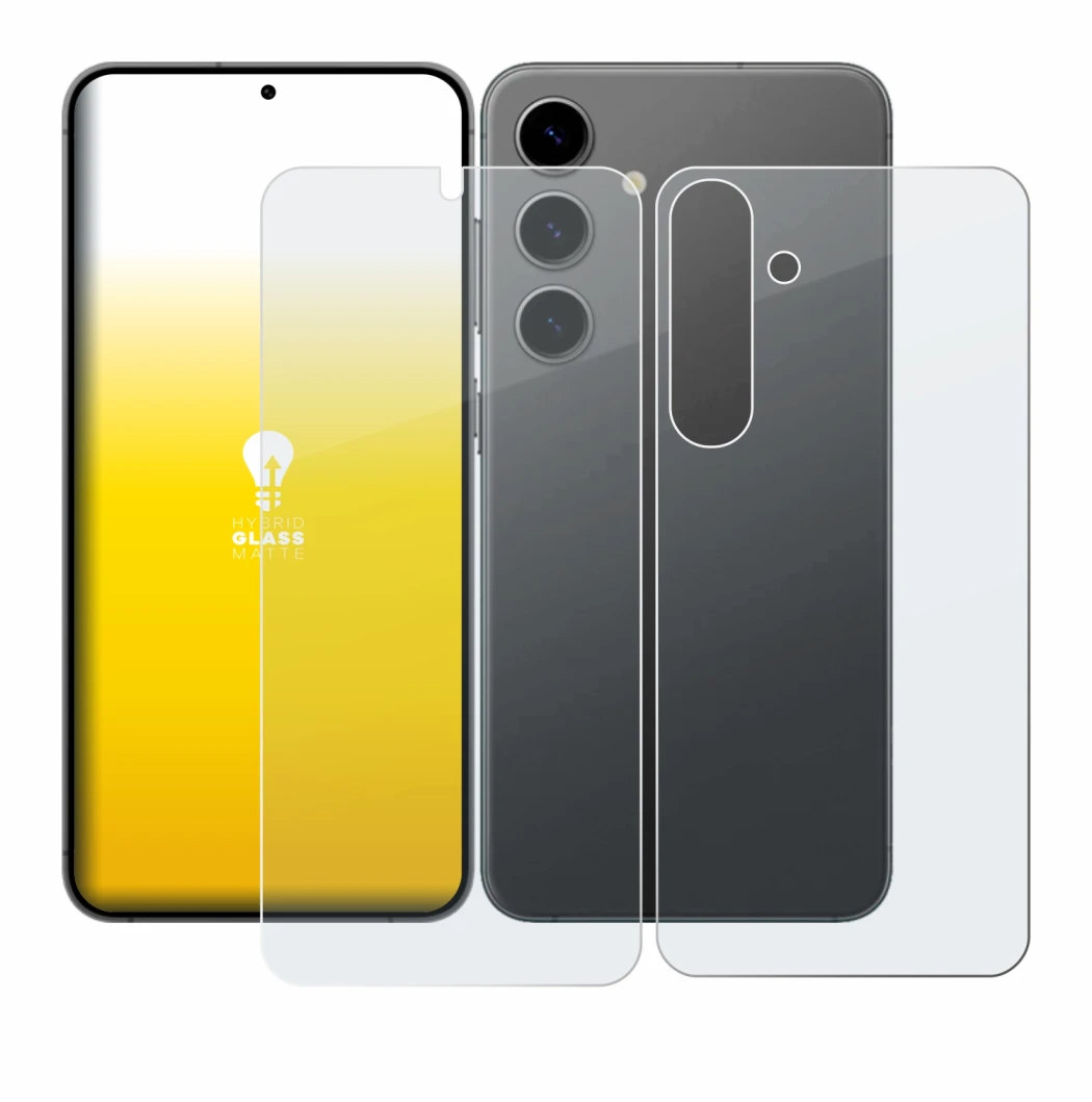 Abbildung des Geräts Samsung Galaxy S24 Plus (Display+Rückseite) mit einer Vielzahl des Displayschutzes.