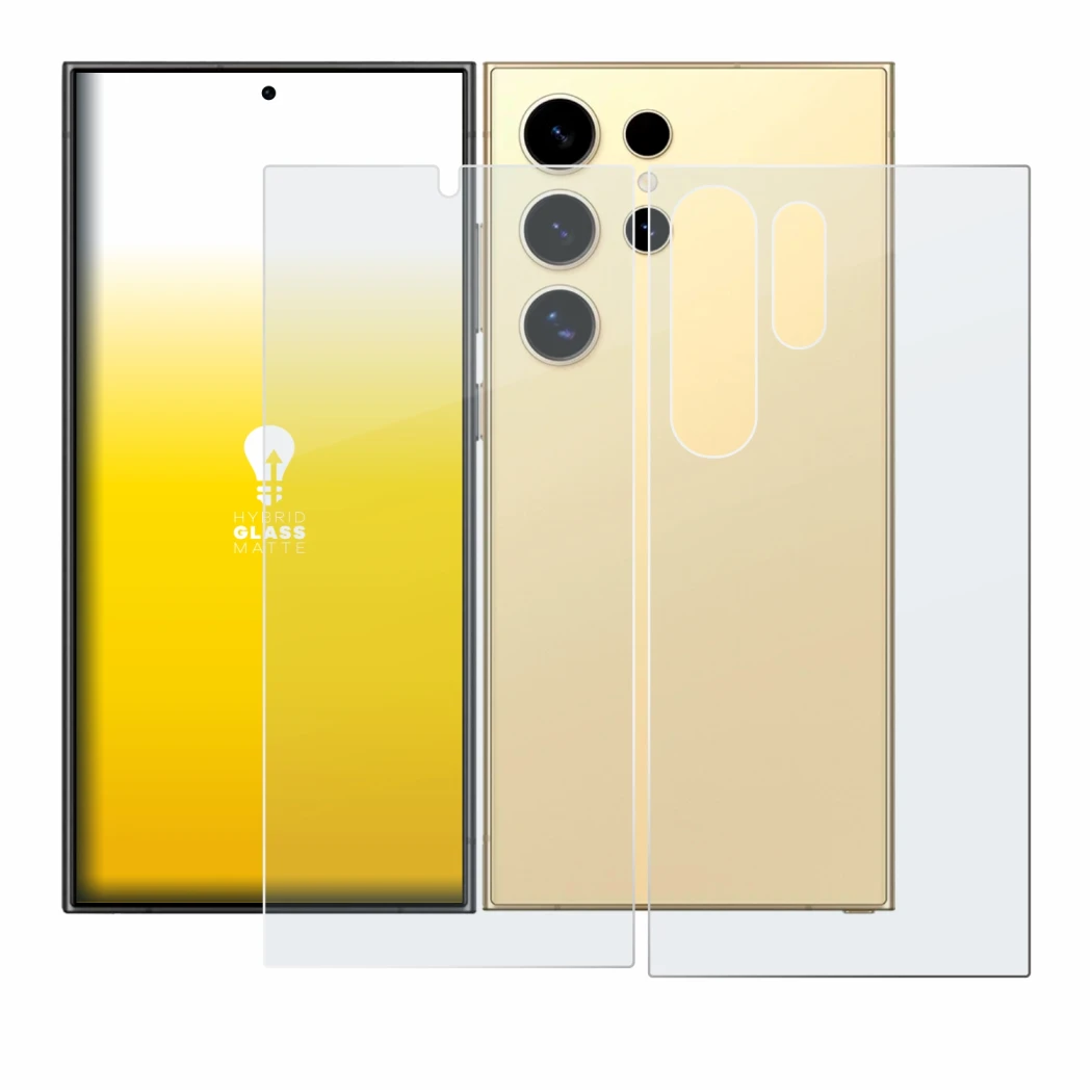 Abbildung des Geräts Samsung Galaxy S24 Ultra (case-friendly) (Display+Rückseite) mit einer Vielzahl des Displayschutzes.