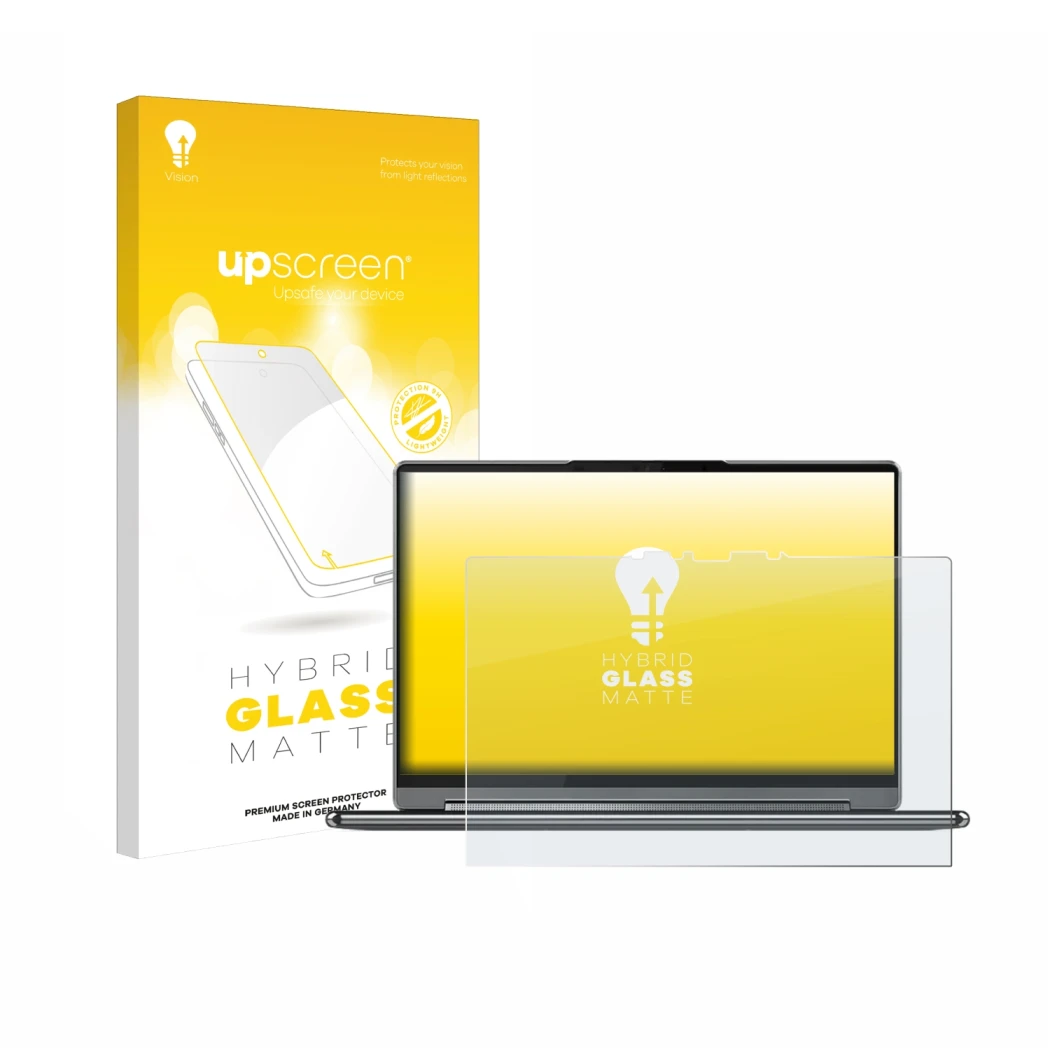 Vorderseite einer Produktverpackung mit dem Markenlogo upscreen. Daneben ist das Gerät Lenovo Yoga 9i Gen 9 2-in-1 14