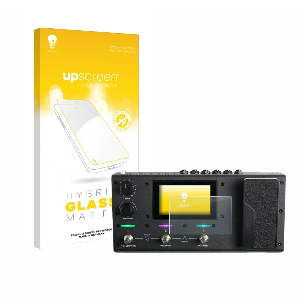 Vorderseite einer Produktverpackung mit dem Markenlogo upscreen. Daneben ist das Gerät Headrush MX5 mit dem zugehörigen Displa