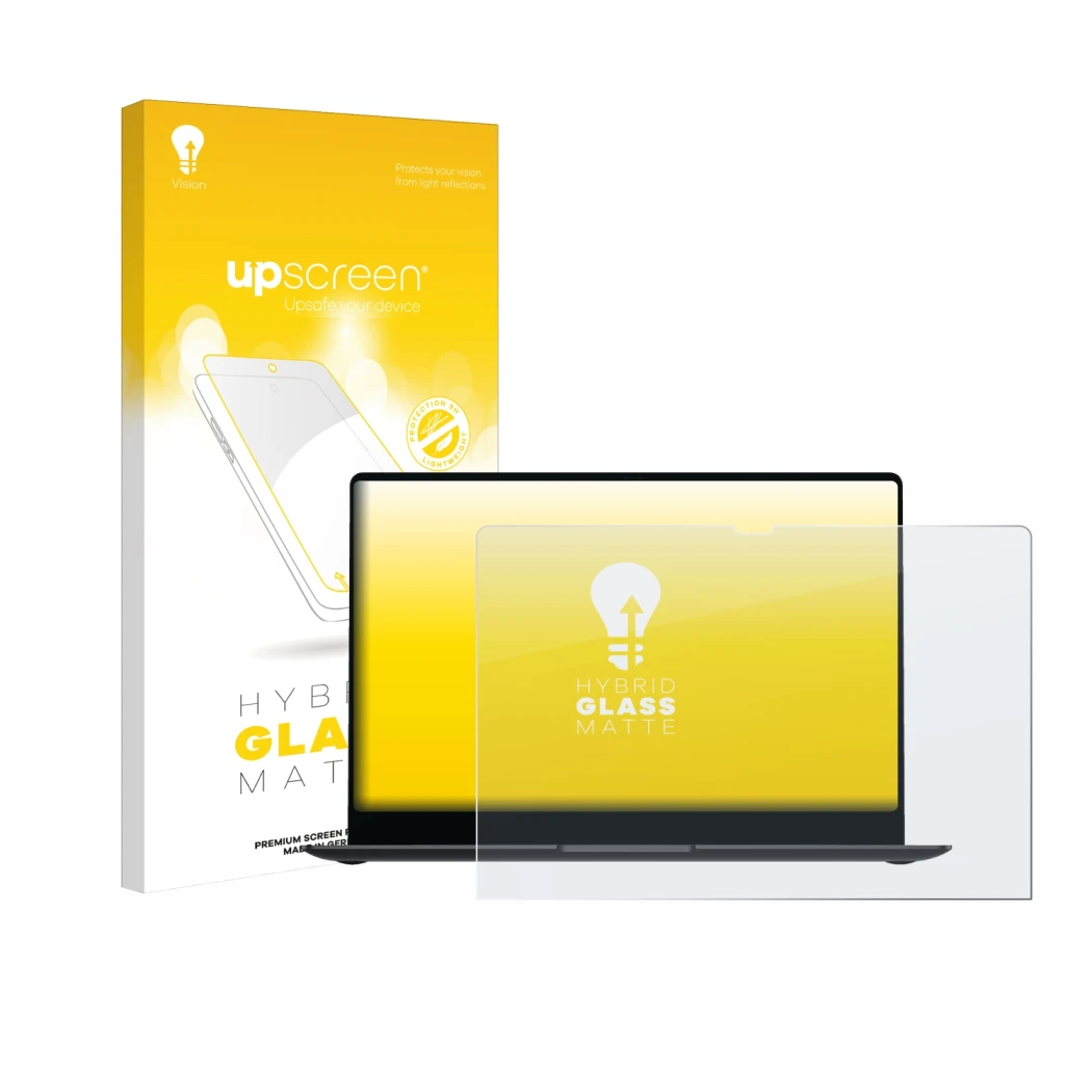 Vorderseite einer Produktverpackung mit dem Markenlogo upscreen. Daneben ist das Gerät Samsung Galaxy Book4 Pro 14