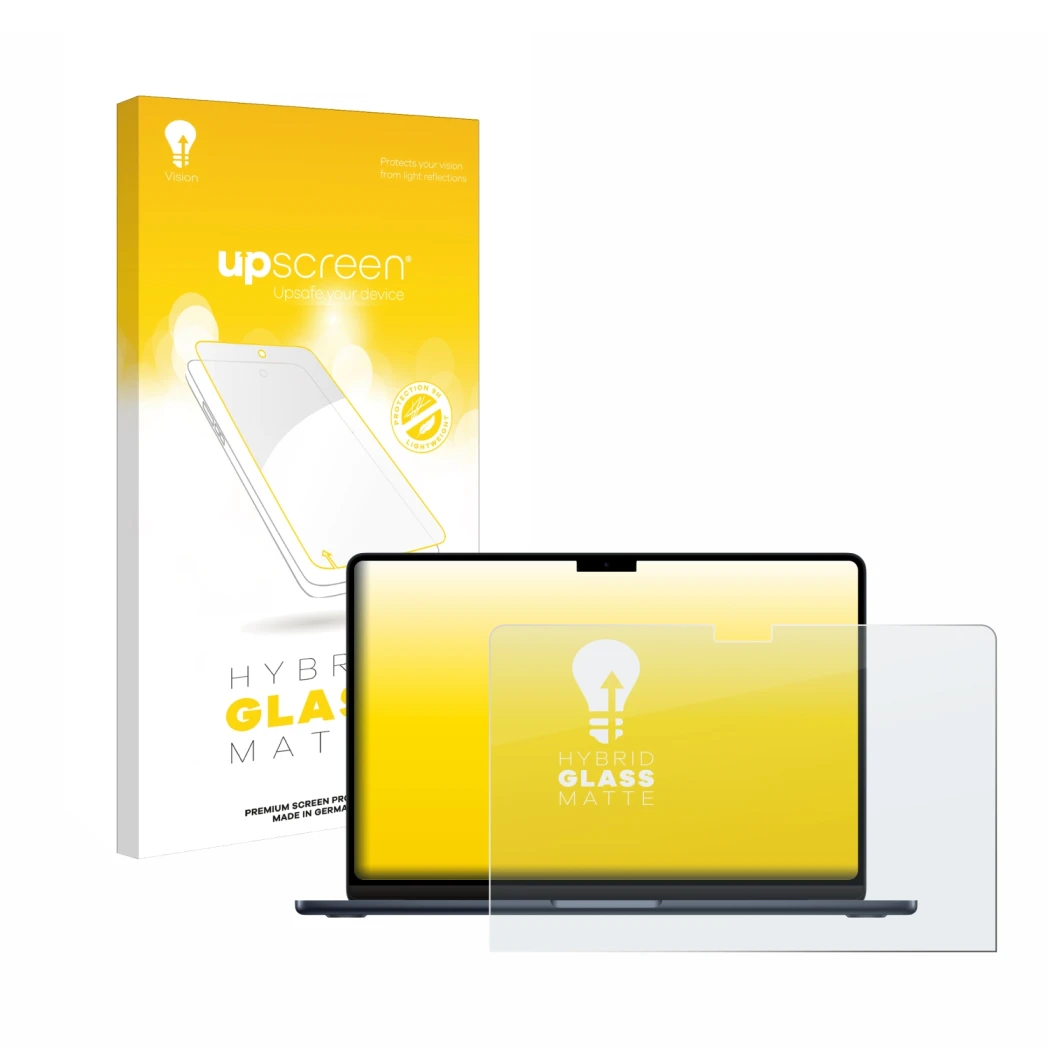 Vorderseite einer Produktverpackung mit dem Markenlogo upscreen. Daneben ist das Gerät Apple MacBook Air 13