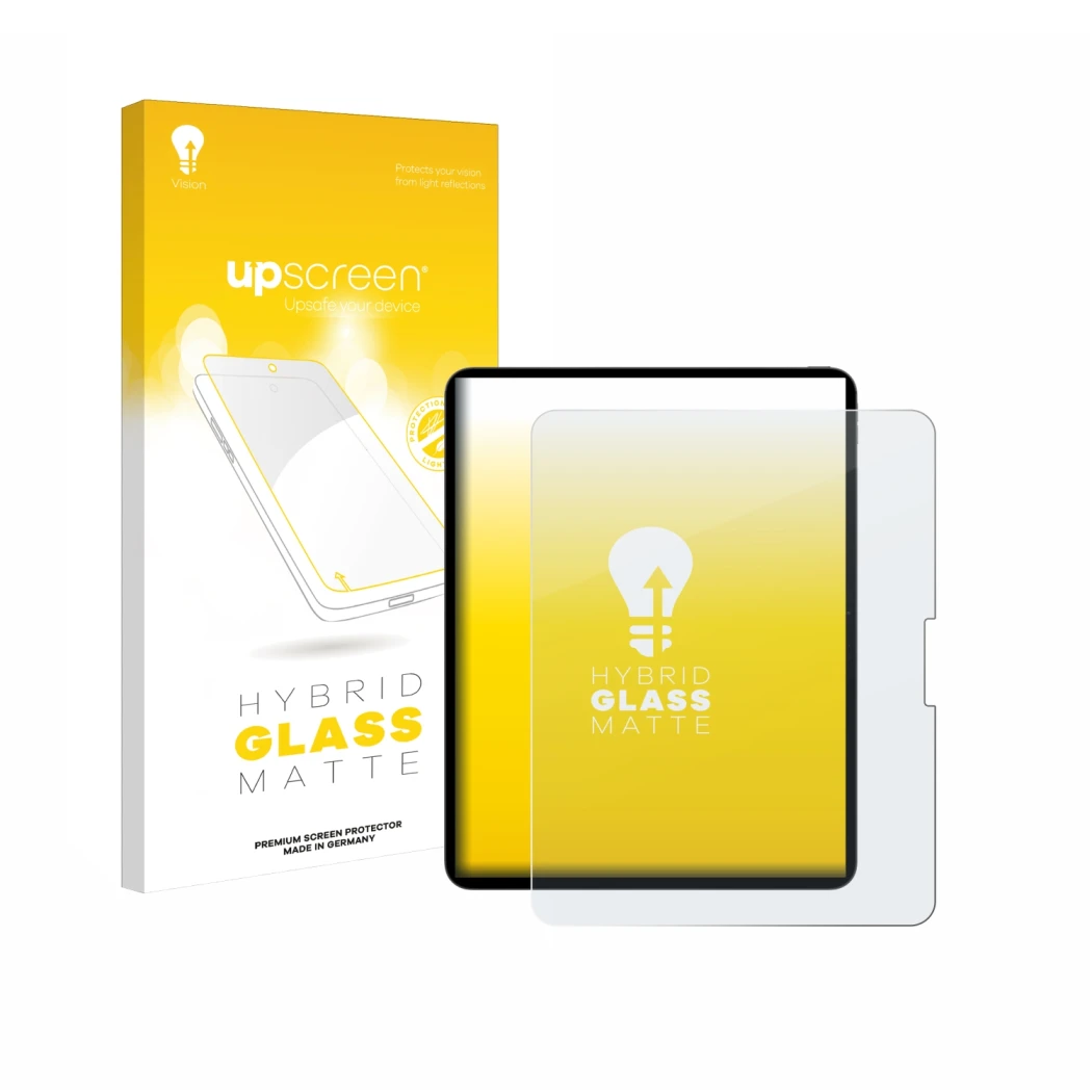 Vorderseite einer Produktverpackung mit dem Markenlogo upscreen. Daneben ist das Gerät Apple iPad Pro 13