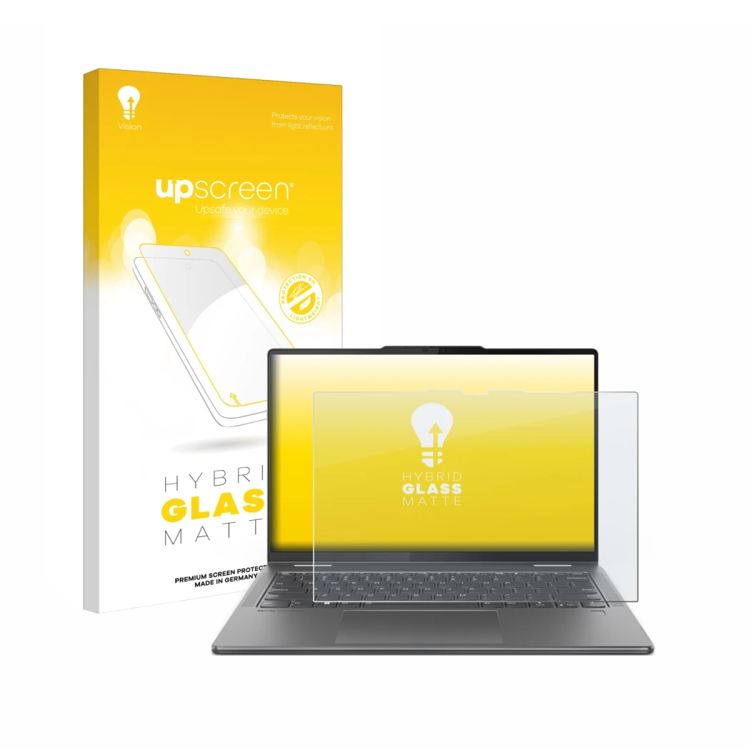 Vorderseite einer Produktverpackung mit dem Markenlogo upscreen. Daneben ist das Gerät Lenovo Yoga 7 2-in-1 Gen 9 14